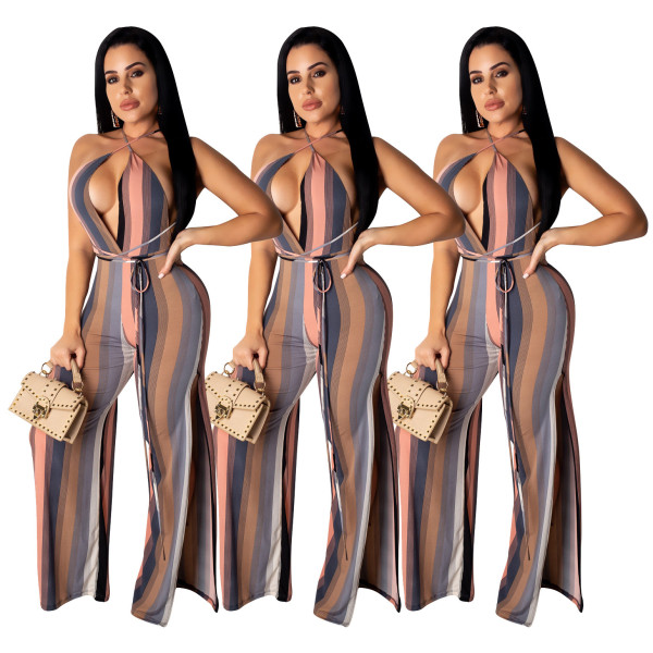 Backless Women High Split V Collar Bandage Jumpsuit SDD9112