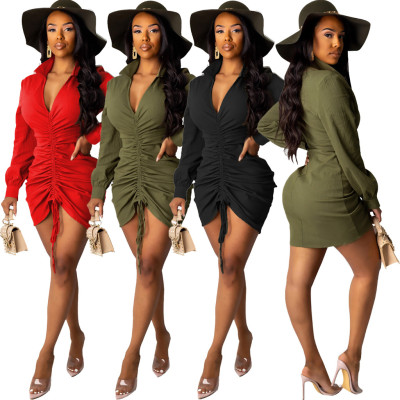 Sexy Female Solid Color Deep V Collar Pleated Short Dress R6237