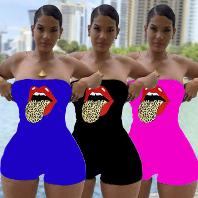 Digital positioning mouth pattern sexy wrap chest jumpsuit RSN744