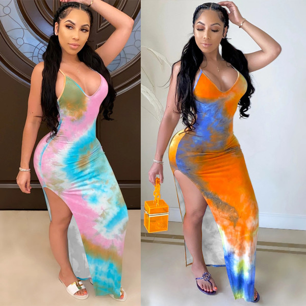 Sexy Printed Suspenders V-Neck Backless split Long Dress KA7098