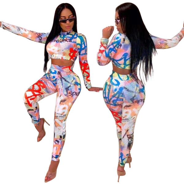Women Positioning Printing Suits Crop Top Slinky Pants FA7046