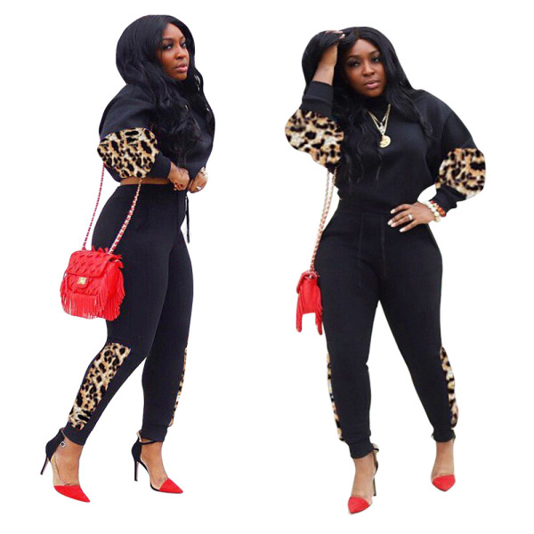 Newest Ladies Leopard Printing Splicing Casual Hiking Sets LD8652