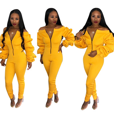 Hot Sale Solid Bodycon Long Sleeves Off Shoulder Jumpsuit D8198