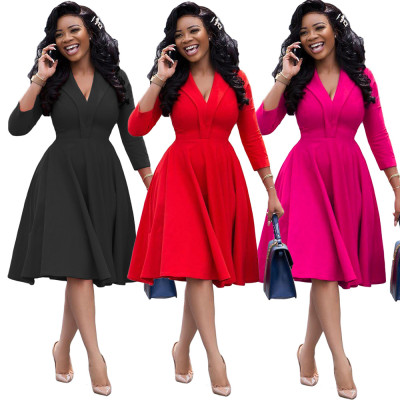 Elegant Pure Color V Neck Ruffled Long Sleeve Knee Length Dress YX9175