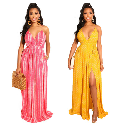 Trendy Condole Belt V Collar Split Dresses X9129