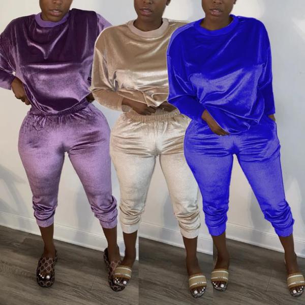 Womens fashion casual solid color gold velvet pocket round neck loose long-sleeved trousers two-piec