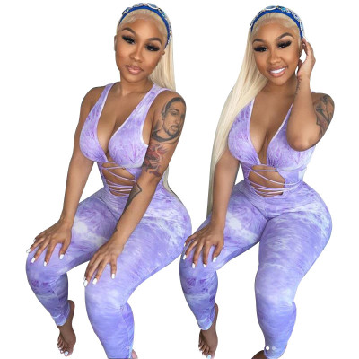 Tie-dye female jumpsuit straps sexy nightclub pants MY9648