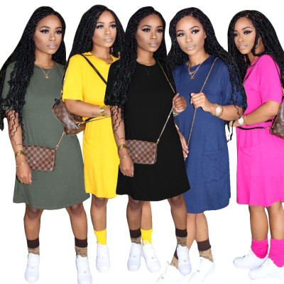 Casual Solid Color Round Neck Short Sleeves Loose Mini Dress QZ6092