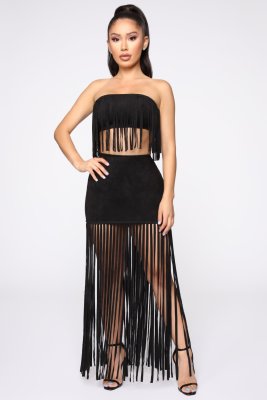 Unique Ladies Sexy Tassel Solid Skirt Suits CCY8133