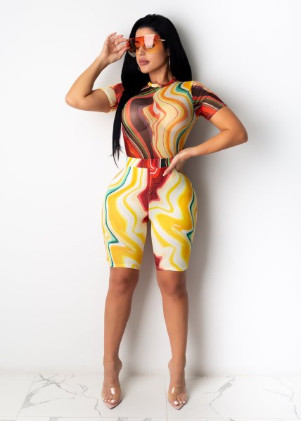 Printed striped suit sexy plus size two-piece suit female MY9654