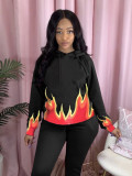 Flame print hooded sweater fabric top Womens clothing HH8946