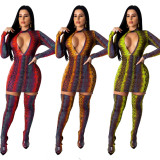 Slim Bodycon V Collar Clubwear Long Sleeve Printing Dress QZ3300