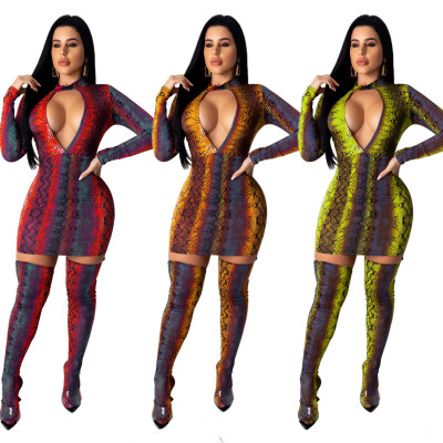 Slim Bodycon V Collar Clubwear Long Sleeve Printing Dress QZ3300