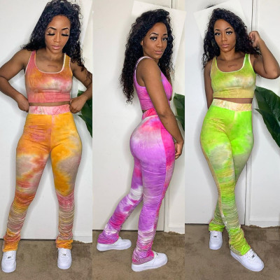 Fashion Coloring Sleeveless Mini Top With Pleated Trousers Two Piece Set XM1129