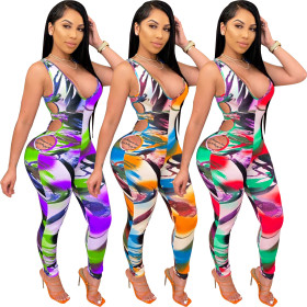 Fashionable women's printed sports casual jumpsuit three-color TH3426