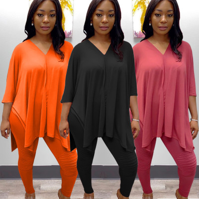 Fashion Solid Color V-Neck Half Sleeves T-Shirt With Trousers Two Piece Set YZM7080
