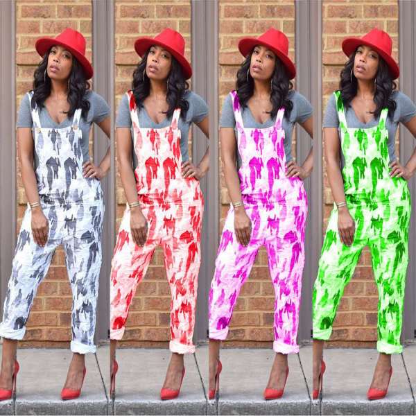Euramerican Women Printing Strappy Long Jumpsuit HHM6142