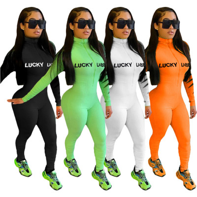 Sexy Letter Embroidered Zipper Round Neck Long Sleeves Bodycon Jumpsuit SN3877