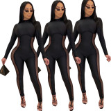 Fashionable Perspective Mesh Patchwork Sport Bodycon Jumpsuit HM302