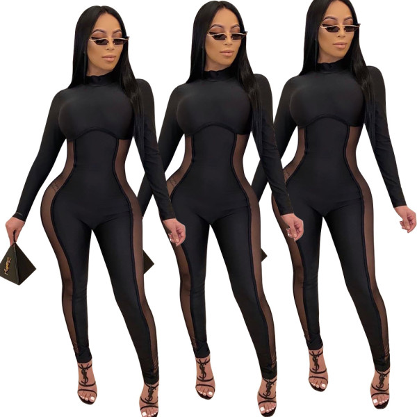 Fashionable Perspective Mesh Patchwork Sport Bodycon Jumpsuit HM302