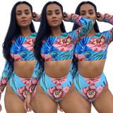 Floral Printing Sets Long Sleeves Crop Top Swimming Panty GL6178