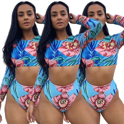 Floral Printing Sets Long Sleeves Crop Top Swimming Panty GL6178