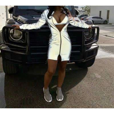 【Hot】Fashion Reflective Long Sleeves Zipper Bodycon Dress TH3300