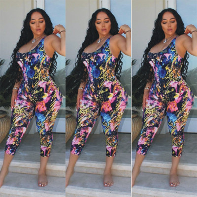 Hot Sell Printing Slim Fitting Mid Waist Sleeveless Jumpsuit LSN729