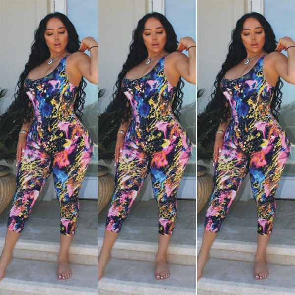 Hot Sell Printing Slim Fitting Mid Waist Sleeveless Jumpsuit LSN729