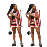 Colorful Women Unique Suits Cardigan Coat Striped Shorts BN9201