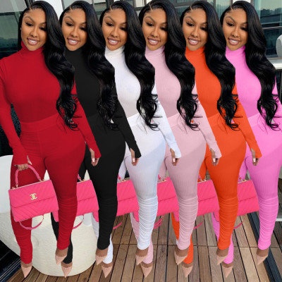 Fashion solid color high collar pleated long sleeve two-piece casual suit YX9226