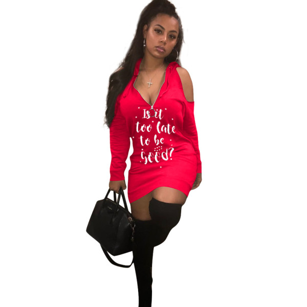 Letter Print Hoodie T Shirt Dress Long Sleeves LM9025