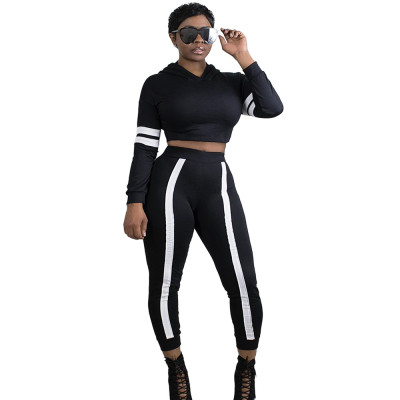 Color Patchwork Ladies Track Suits Hooded T-Shirt Tight Pants LM031