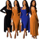 Cashmere Pure Color Outfits Spaghetti Strap Midi Dress Long Coat R6236