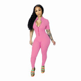 Knit Cotton Jumpsuit Sexy Zipper Collar Short Sleeve Rompers FF1033