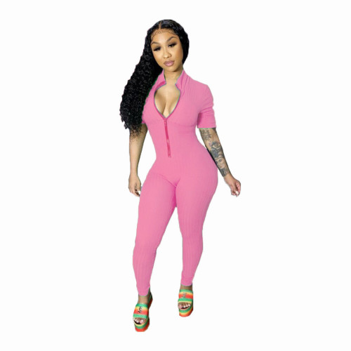 Knit Cotton Jumpsuit Sexy Zipper Collar Short Sleeve Rompers FF1033