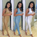 Fashion casual sexy solid color zipper trouser slit sleeveless slim high waist sports jumpsuit SM910