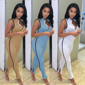 Fashion casual sexy solid color zipper trouser slit sleeveless slim high waist sports jumpsuit SM910