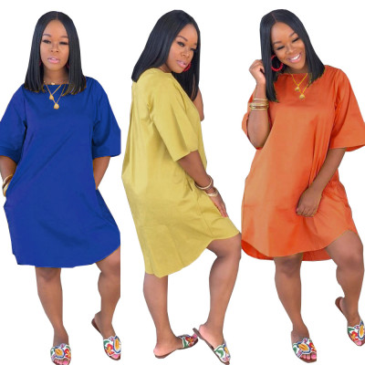 Leisure Sollid Color Clothes Loose Waist Midi Dress HG5266