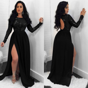 Sexy Backless Sequin Sheer Lace Slit Dress K8873
