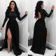 Sexy Backless Sequin Sheer Lace Slit Dress K8873