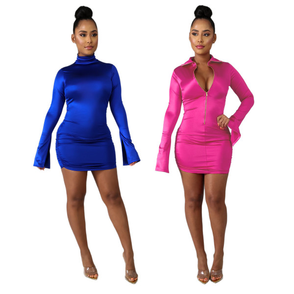 Women's Solid Color Pleated Reversible Dress SH7148