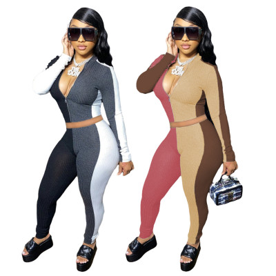 Fashion Contrast Stitching Zipper V-Neck Long Sleeves Mini Top With Trousers Two Piece Set ML7370