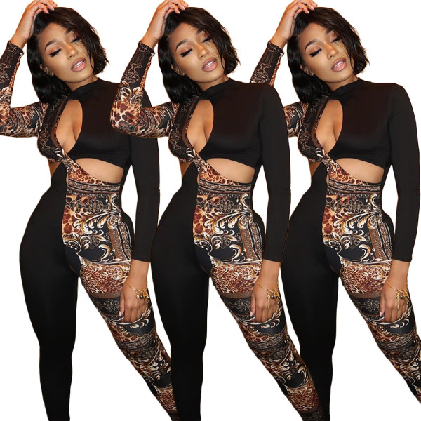 Sexy Hollow Out Printed Long Sleeves Zipper Bodycon Jumpsuit ALS6297