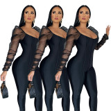 Sexy U-Neck Mesh Puff Sleeves Stitching Jumpsuit Q688