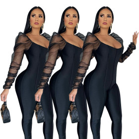 Sexy U-Neck Mesh Puff Sleeves Stitching Jumpsuit Q688