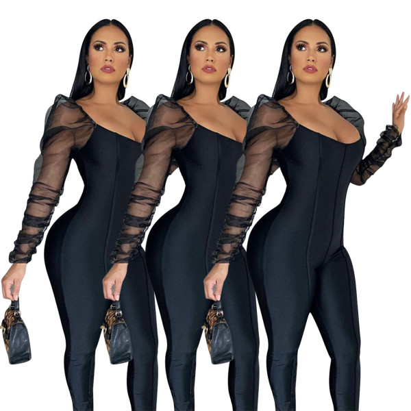 Sexy U-Neck Mesh Puff Sleeves Stitching Jumpsuit Q688
