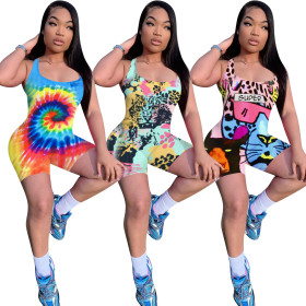 Euramerican Sleeveless Printing Slim Colorful Short Jumpsuit ED8105