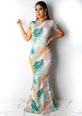 Short Sleeve Leaf Print Long Dress Boho LML035