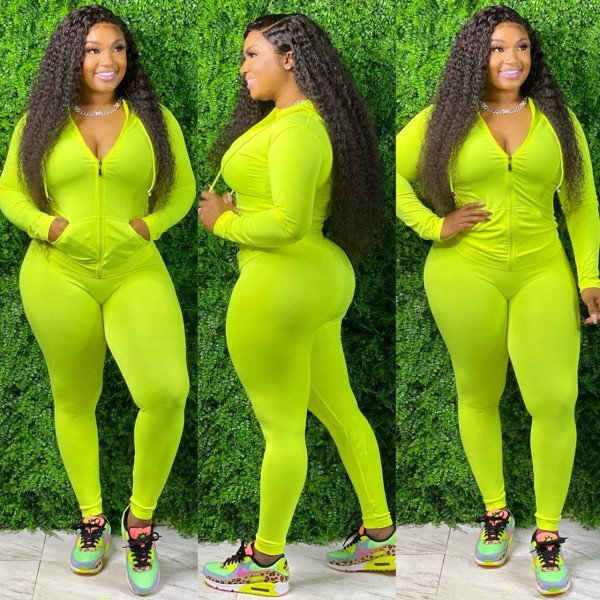 Pure color zipper hat sports and leisure two-piece suit ED8256